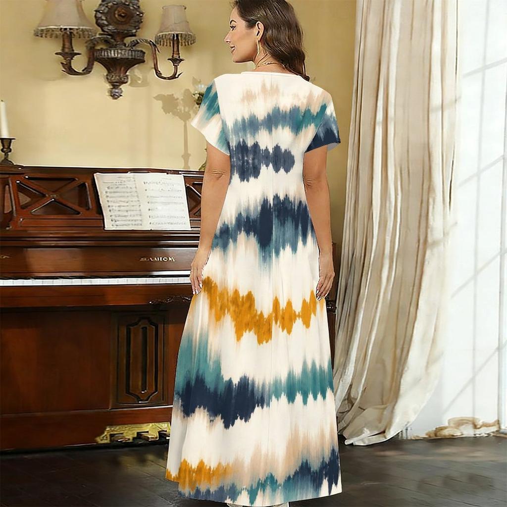Women Plus Size V Neck Short Sleeve Printed Blue Straight Maxi Dress