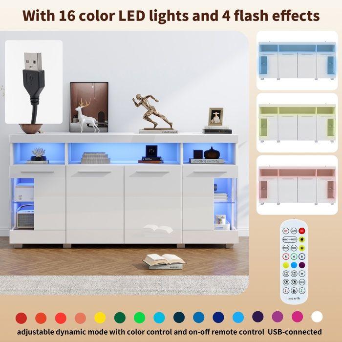 Side Table 140x40x70 Cm, High-gloss Lacquered Side Furniture, LED, Sideboard, Tempered Glass Side Furniture, 3 Compartments, White