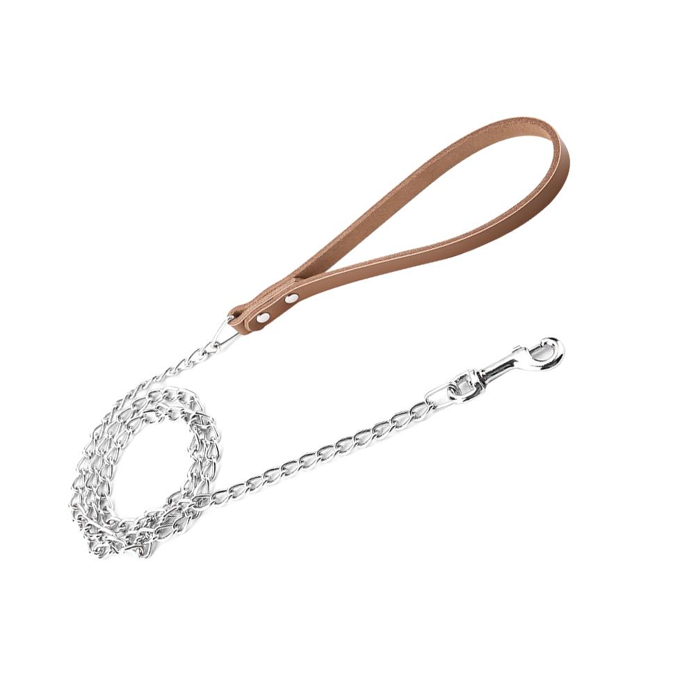 Metal Dog Leash Training Collar Rope   Strap with PU Handle (Brown)