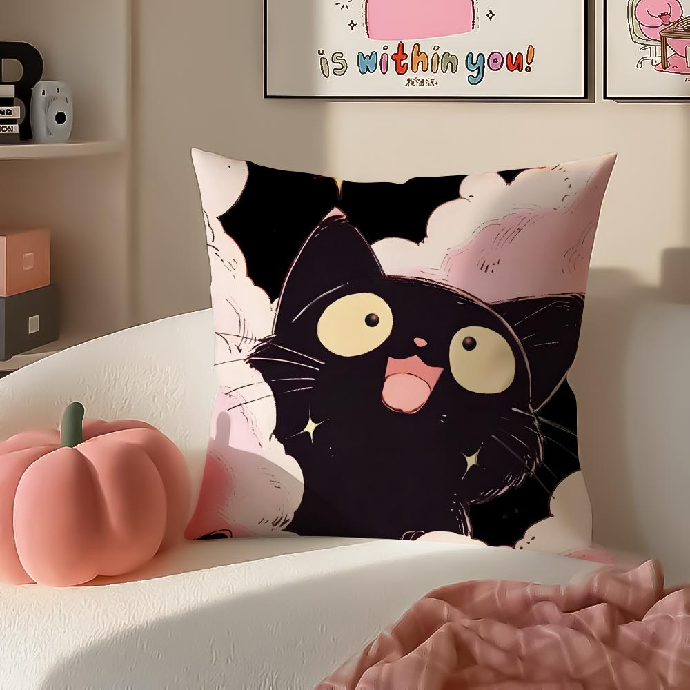 Cute Tiny Adorable Art Cartoon Little Black Cat Cushion Cover Pillowcase Short Plush Invisible Zipper Room Sofa Cushion Cover