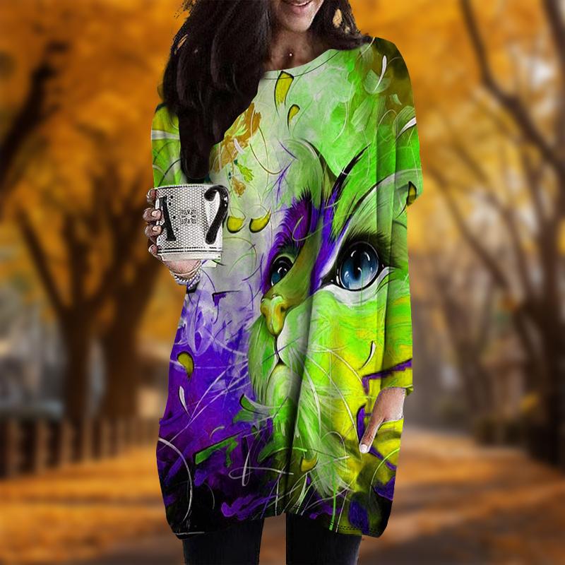 New In Autumn Cat Universe Print Plus Size Dress Women O'neck Long Sleeves Casual Pocket Dresses