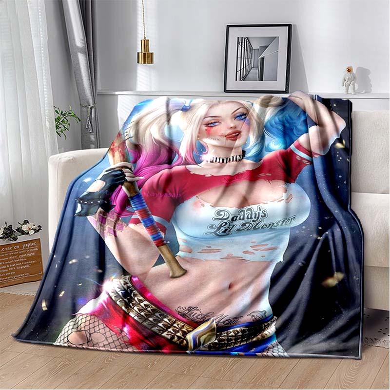 H-Harley-Quinns Movie Character Print Flannel Blanket Cozy Warm Throw Bedroom Sofa Birthday Present Indoor Home Lounge Decor