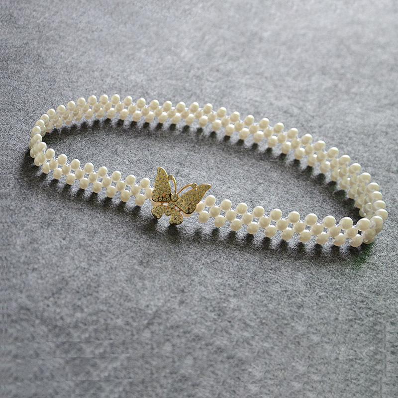 Meier Pearl elastic thin belt rhinestone inlaid women's decorative elastic thin waist chain