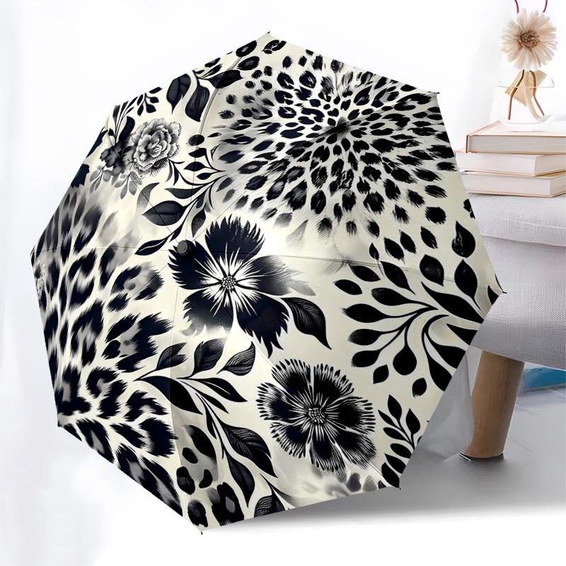 1pc Black and White Floral Pattern Umbrella with Plastic Handle,Compact & Stylish,Suitable for All Seasons ptys26006