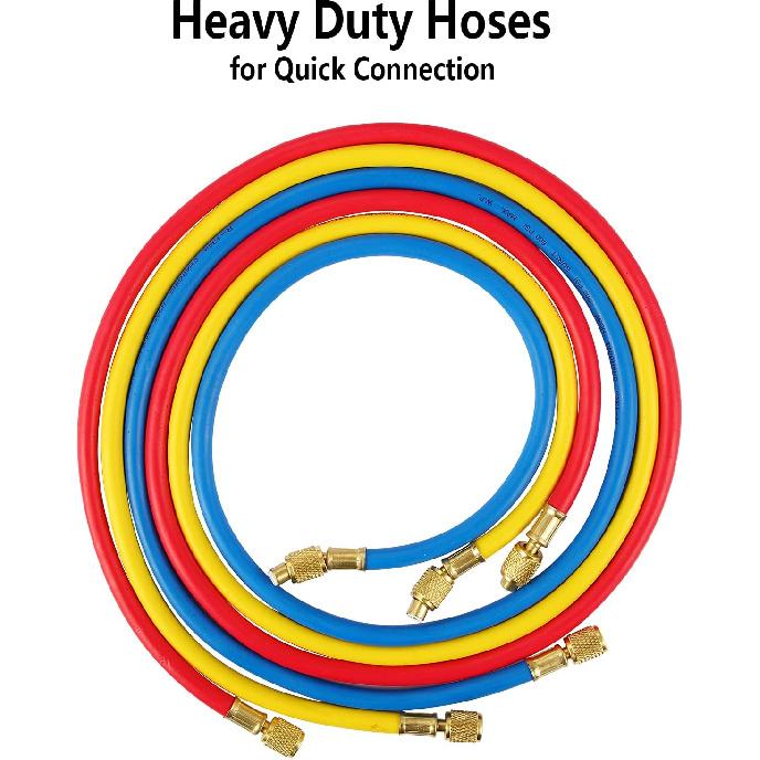 3 Pieces AC Manifold Gauge Hose Kit For R410A R22 R134A R404A, 1/4" Thread Automotive Air Condition Refrigerant R410A A/C Charging Hose With 5Ft