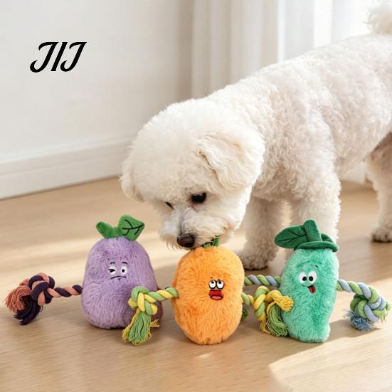 Plush Vegetable Toy Stuffed Dog Toy, Interactive Squeaky Chew Carrot Eggplant Aggressive Chewer Green Pepper with Rope Arm for Tug-of-war, Small