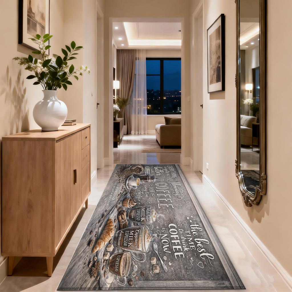 Vintage Coffee Quote Print Long Runner Rug, Everything Gets Better with Coffee Non-Slip Floor Mat for Kitchen, Washable Cafe