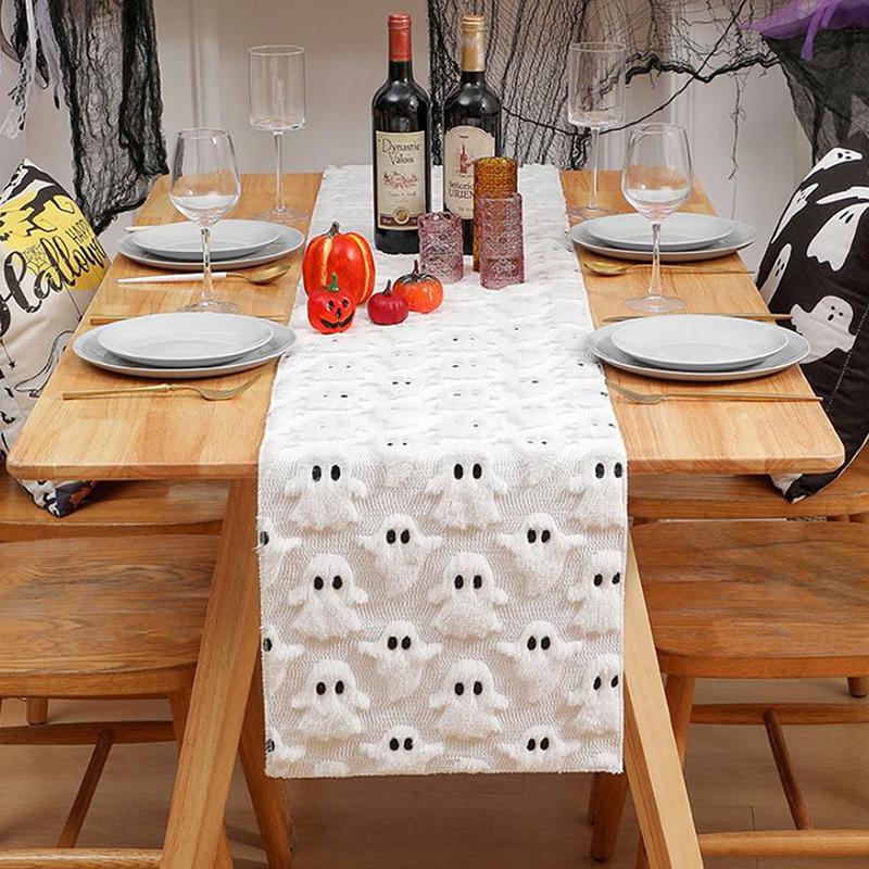 Față de masă de lux, brodată cu dovleac și fantomă cu ochi negri, tridimensională, pentru petreceri
