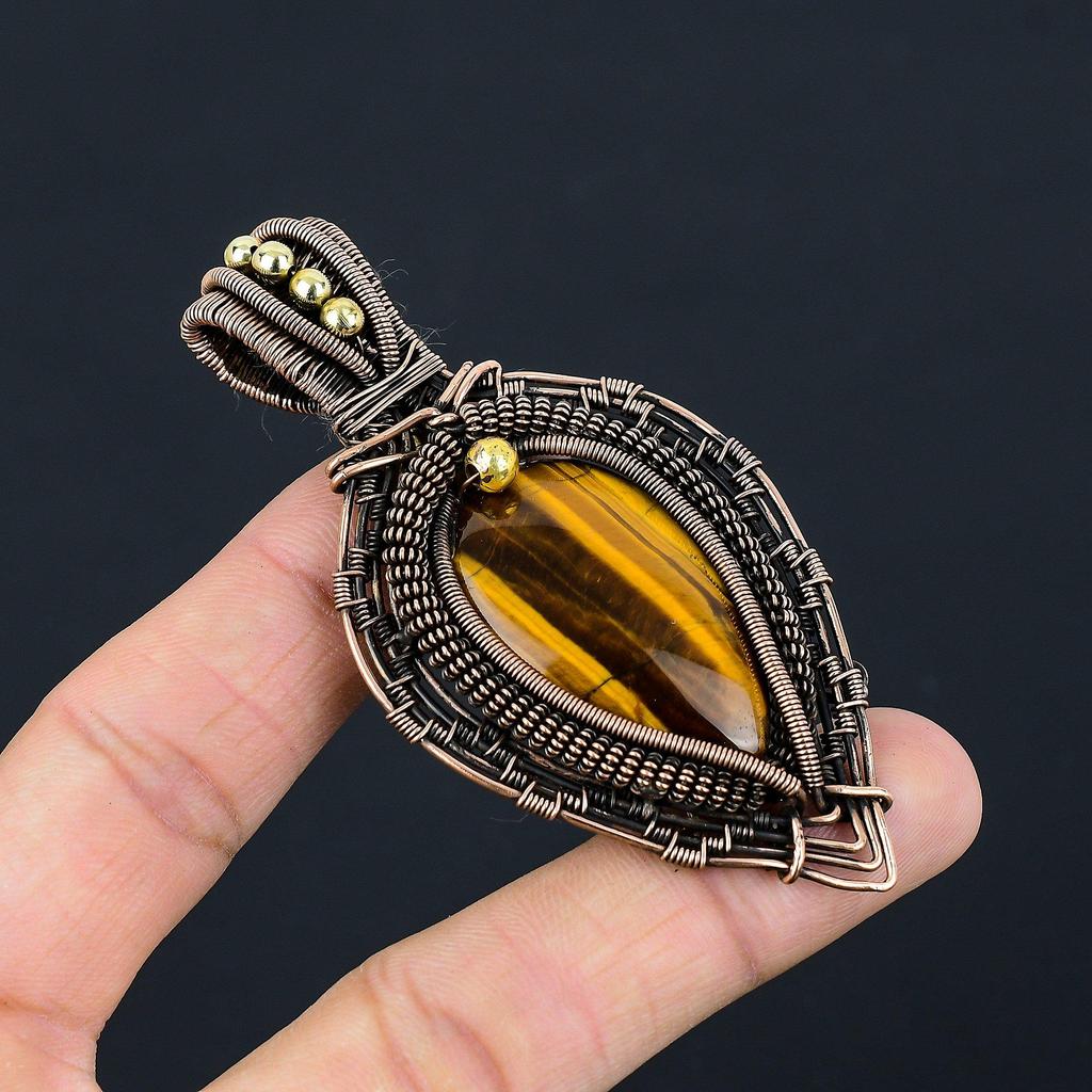 Tiger Eye Pendant, Handmade Gemstone 999 Copper Wire Wrapped Pendant Antique Jewelry, For Gift Silver Jewelry