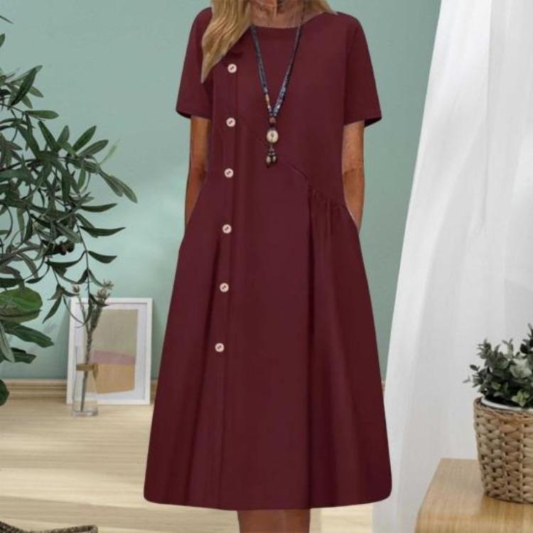 Casual Midi Dress for Women Beautiful Beach Dress Pleated O Neck Lady Clothes
