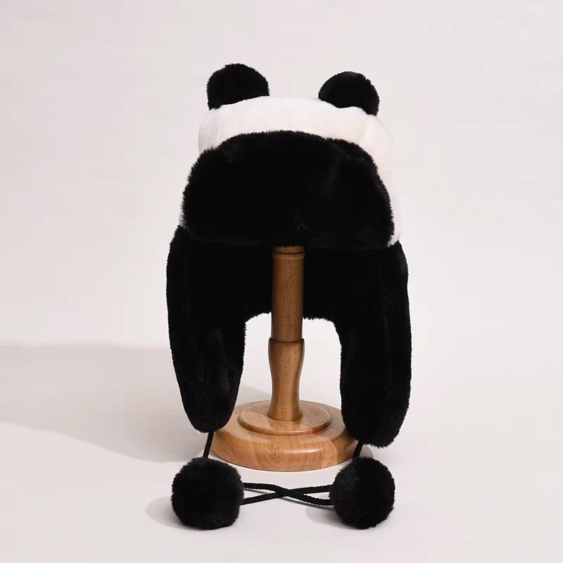 Cute Black And White Panda Lei Feng Hat Women'S Autumn And Winter Warm Hooded Three Piece Set Plush Ear Protection Hat