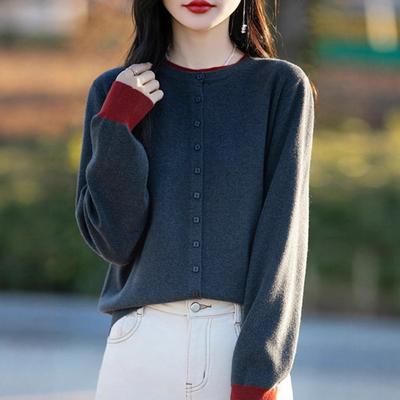 Autumn Color Matching Button Round Neck Fake Two-piece Knitted Sweater Cardigan Women's Jacket Thin Loose Literary Sweater