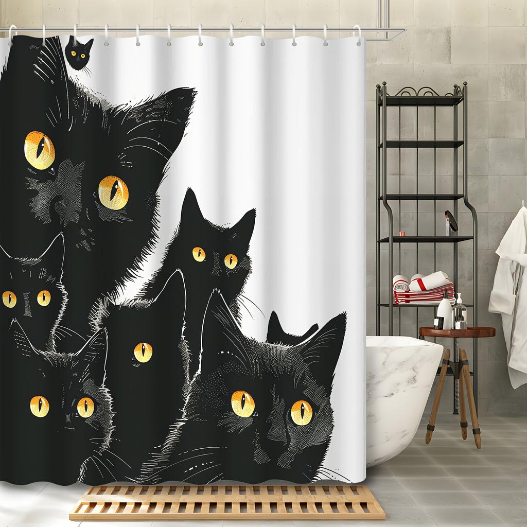 1pc Halloween Home Decor Abstract Art Cartoon Animal Black Cat Shower Curtain, 12 Hooks Shower Curtain, Bathroom Decoratio