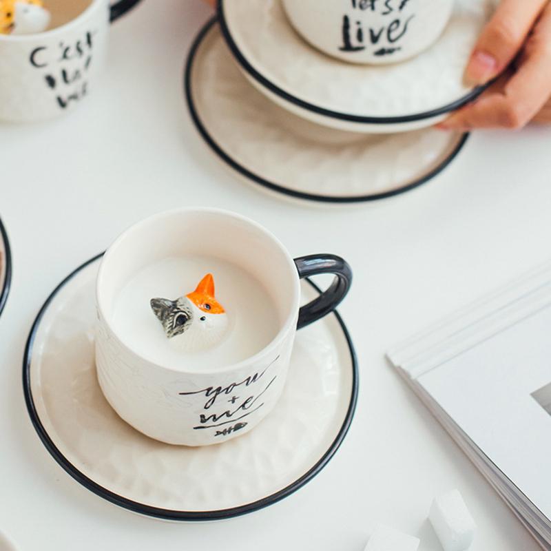 Ceramic Cat Mug for Children, Afternoon Tea, Simple Literary, Coffee Cup and Saucer, Couple Drinking Milk, Cute