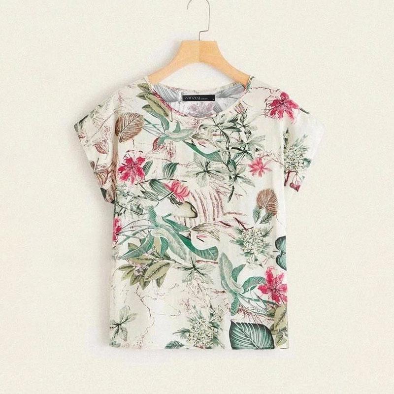 ZANZEA Women Casual Loose Round Neck Short Sleeve Print Blouse