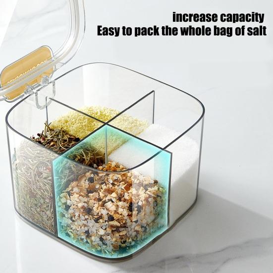 4-Compartment Seasoning Box with Snap Lid Spoon Transparent Spice Jar Stackable Plastic Kitchen Organizer for Salt Sugar Spices