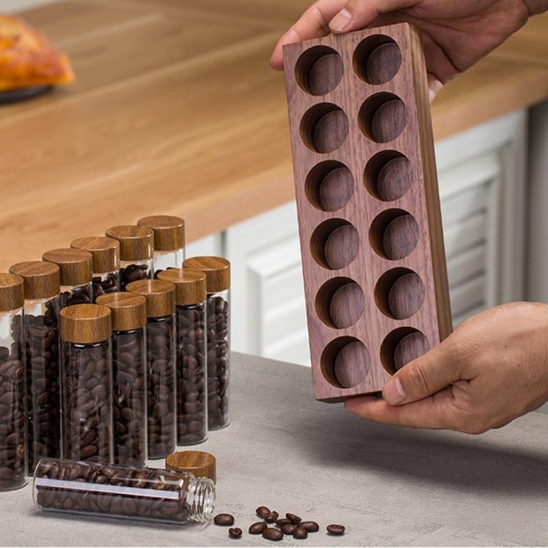 Elegant Wood Glass Coffee Bean Rack Stylish 12 Unit Coffee Bean Presentation Rack with Long and Short Glass Tube