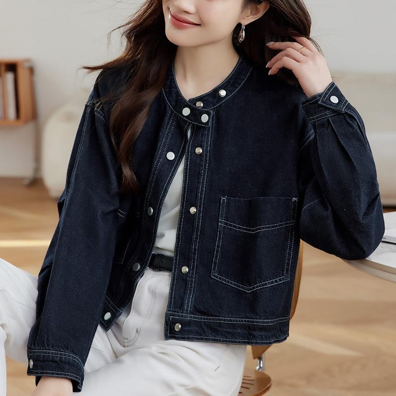 Round Neck Denim Short Jacket for Women Long Sleeve Spring and Autumn Clothes Updated Small Design Top