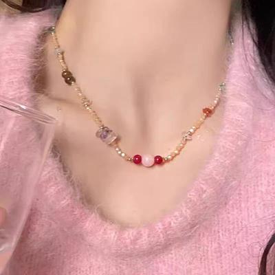 Sweet Wind Colored Natural Stone Crystal Beaded Necklace Female Collarbone Chain Temperament Neck Chain Summer
