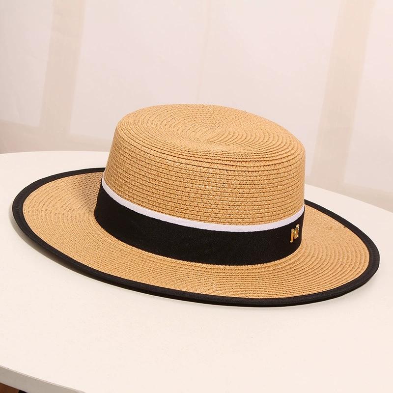 Women's Summer Travel Beach Jazz Hat Seaside Sunshade Sun Protection Straw Hat Flat Top British Hat Straw Woven