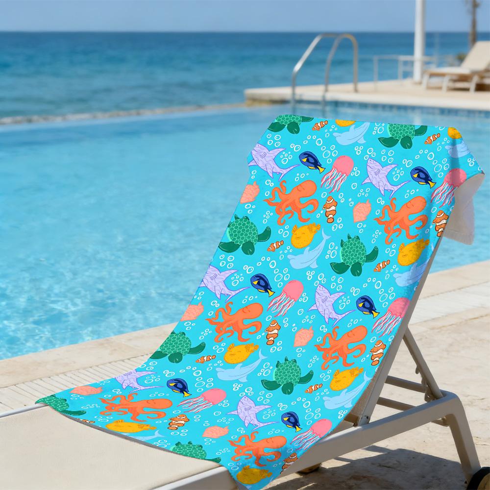 Vivid Sea Creature Beach Towel – Soft Absorbent Oversized for Toddlers & Kids, Adorable Octopus Turtle Print for Beach & Travel
