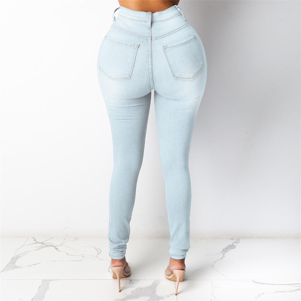 Dames Stilig Ensfarget Casual Lomme Høy midje Slim Blyant Denim Bukser