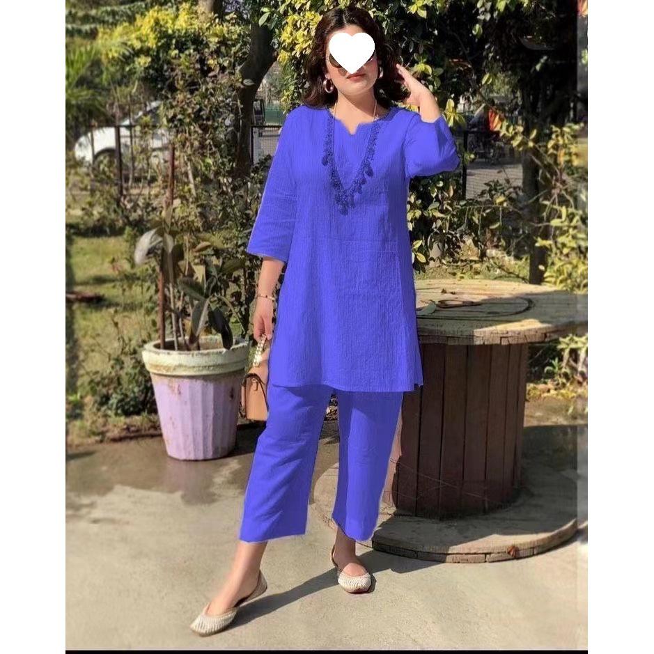 Southeast Asian Ethnic Mid-Sleeve Solid Color Sports Suit - Large Size Two-Piece Casual Set
