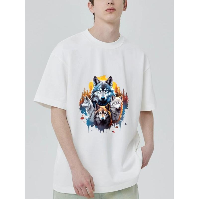 Wolf Print T Shirt Black Four Wolves and Autumn Forest Design for Casual Wear
