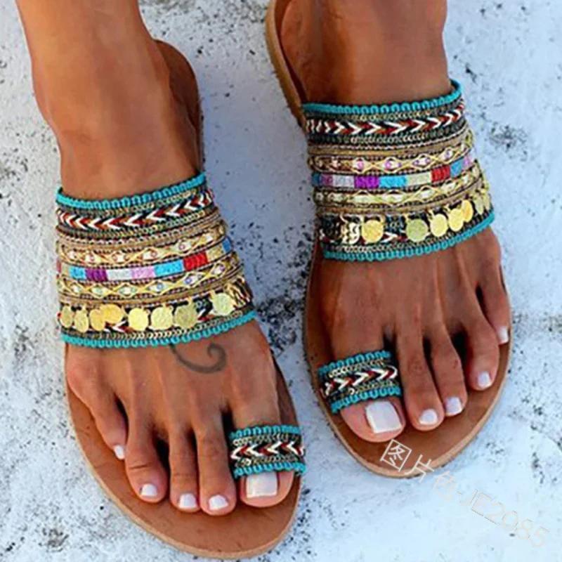 Hausschuhe Damen Sandalen Sommer Griechischer Stil Boho Folk-Custom Damen Flache Schuhe Lässig Atmungsaktiv Bequem Strand Damen Hausschuhe
