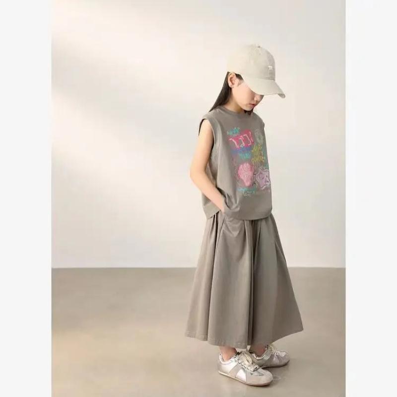 Girls' Tank Top Set, Children's Summer Fashionable Trendy Outfit, Short Sleeve Wide-leg Pants Summer Two-piece Set