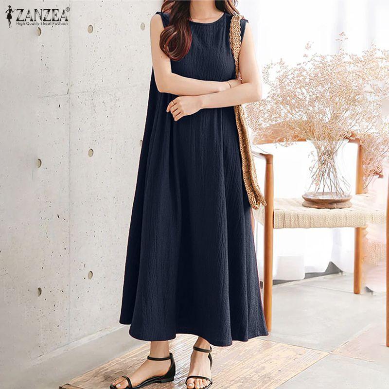 ZANZEA Rochie Casual de Vară Femei cu Gât Rotund, Largă, Fără Mâneci