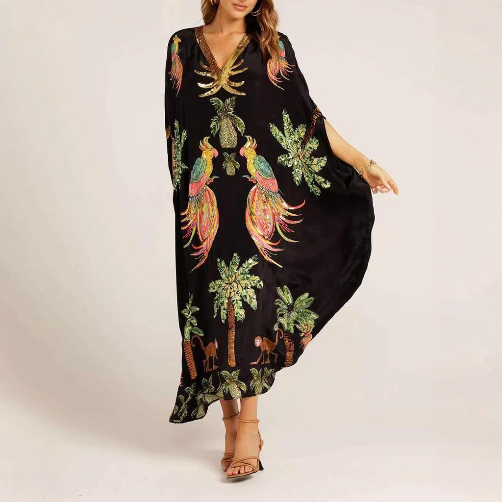 Women's Bat Sleeve V-neck Print Loose Long Classic Retro Dress Clothes Sale
