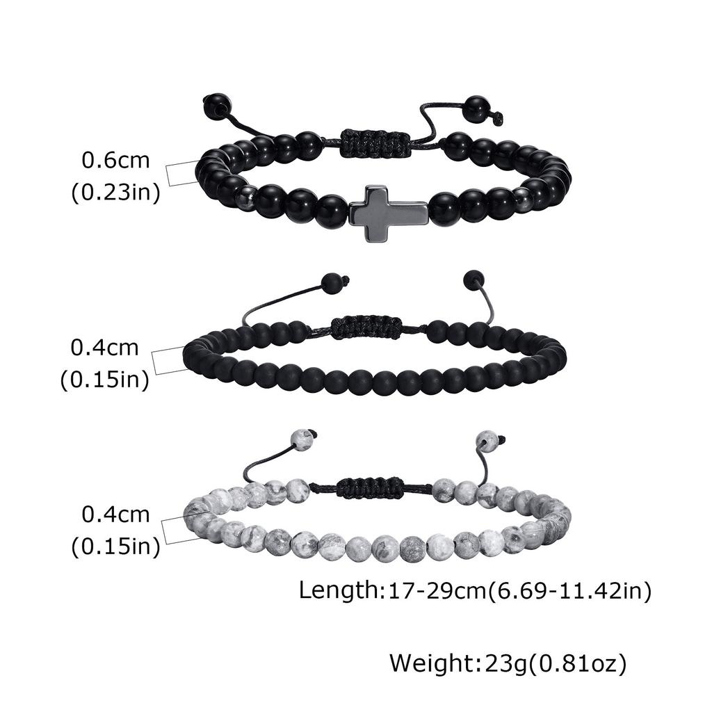 3 Stück Herren Perlenarmband, Vintage Schwarz Weiß Naturstein Perlen Verstellbares Armband, Cooles Schmuckgeschenk für Ihn