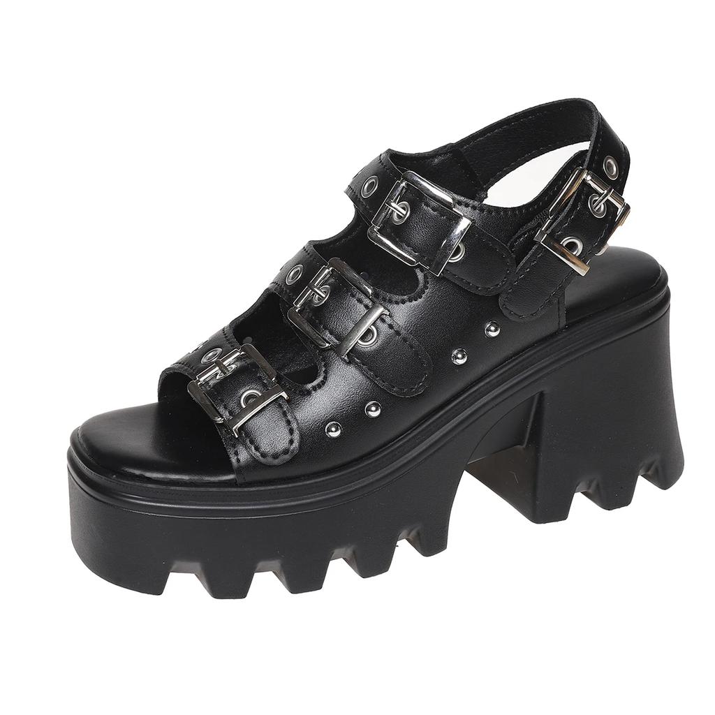 Fashion Large Size Women High Heeled Sandals Summer Punk Height Increasing Sandal Motorcycle Gothic Woman Shoes Khaki Platform Sandals