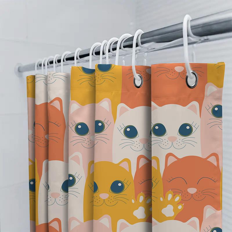 Cute Cartoon Cat Shower Curtain Waterproof Bathroom Decor