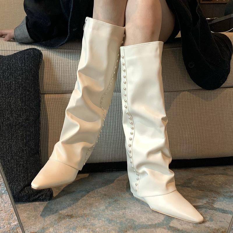 White trouser boots 2025 new Internet celebrity fat mm pointed slope heel high tube but knee boots women