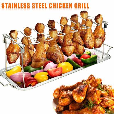Stainless Steel Chicken Wing Leg Rack Grill Holder with Drip Pan for BBQ Outdoor Cooking Wings
