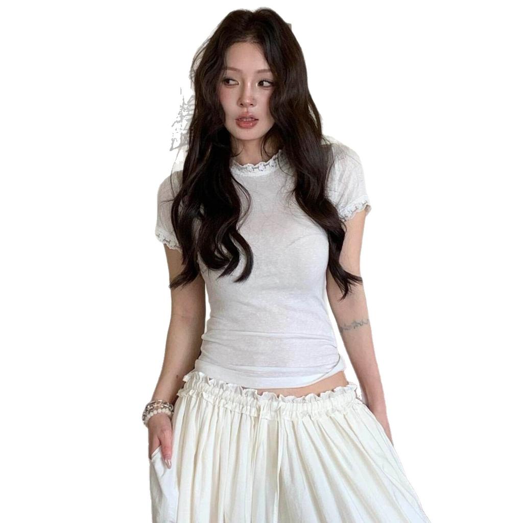 French Niche Lace Thin Slim-fitting Short-sleeved T-shirt for Women's Summer Sweet and Hot Girls Waist and Thin Top