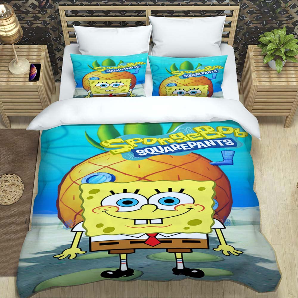 3D Sponge Bob Square Pants Printed Bedding Set, Cartoon Pattern Duvet Cover and Pillowcases, Single/Double Bed Sheet Sets,