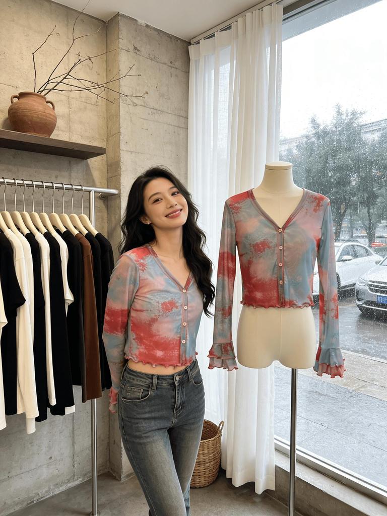Chic Tie-Dye Ruffled Mesh Long-Sleeve Crop Top - Spring/Autumn Fashion for Women