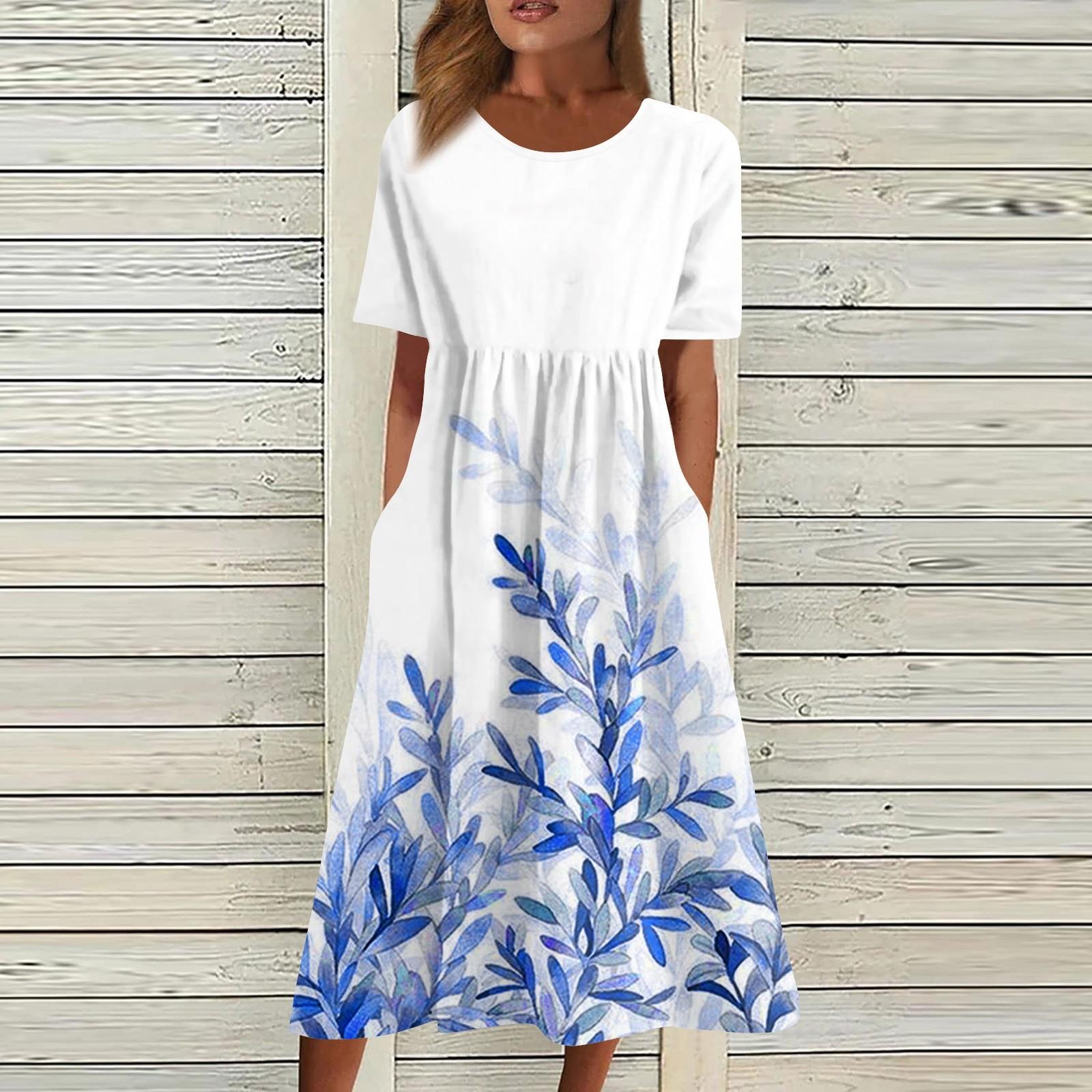 

Женское струящееся платье миди в стиле бохо с цветочным принтом, повседневное свободное летнее платье с коротким рукавом для пляжного отдыха и карманами L