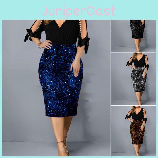 Beaded Womens Bow Vneck Halfsleeve Cuffs Waistcinching Tight Large Size Elegant Dress Sexy Cold Shoulder Sequin Hipcovering Body Shaping Dress