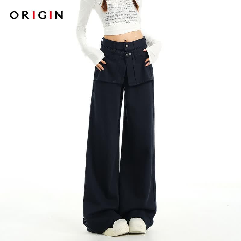 ORIGIN Women s Faux Two-Piece Patchwork Wide-Leg Denim Pants L