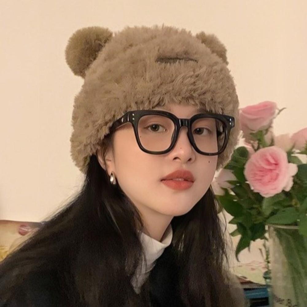 Korean Style Fluffy Beanie Hat Soft Plush Pullover Hats Ski Caps Bear Plush Hat  Autumn and Winter