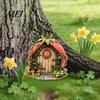 Wooden Crafts Decoration Fairy Garden Decoration, Tree Hollow Cottage Door with High-Definition Elf Light UV Printing, Waterproof Acrylic Outdoor
