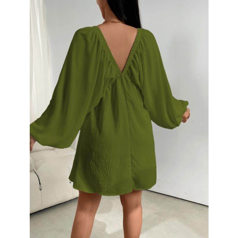 Elegant Fashion Deep V-neck Long Sleeved Women Dress Spring Summer Simple Casual Loose Sexy Solid Color A-line Party Dress Female Office Ladies