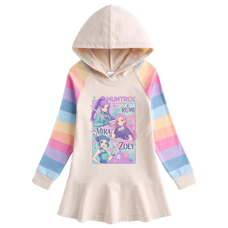 Vestito arcobaleno Cacciatore di demoni Kpop - Vestito da principessa plissettato con cappuccio a maniche lunghe per bambina per primavera e autunno