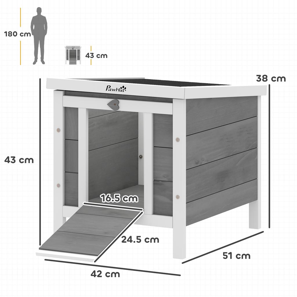 Outdoor Wooden Rabbit Cage with Asphalt Roof and Non-Slip Ramp, 42x51x43cm, Grey