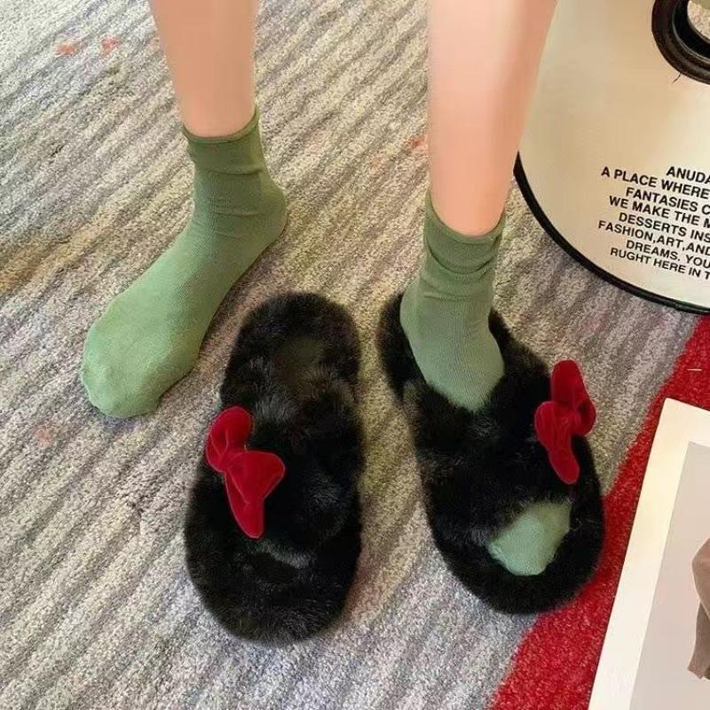 Fairy Wind Bow Hair Slippers Female Wear Superior Sense 2025 New Autumn and Winter Student Dormitory Office Cotton Flops