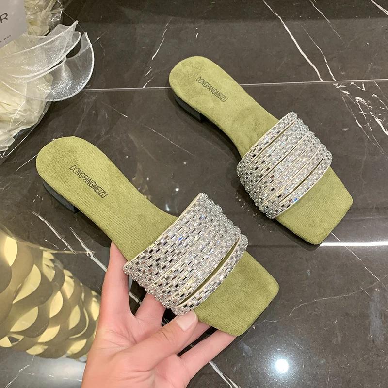 Fashion 2025 Summer Women Square Toe Crystal Slippers Fashion Dress Flats Shoes Ladies Concise Outdoor Beach Slides